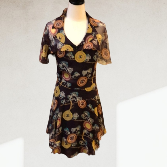 CHANEL @ PARIS |2001 Spring Runway Chinoiserie Silk Chiffon CC Logo Print Dress - Picture 7 of 16